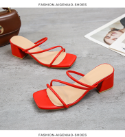 Women Sandals Ladies Square Heels Elegant Summer Slippers Outside Cross Tied Leather Female Slides 2021 Fashion Woman Sandals