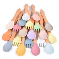 【YF】 2PCS Silicone Wooden Baby Feeding Spoon Toddlers Infant Training Accessories Scoop Fork Kit Cutlery Utensil