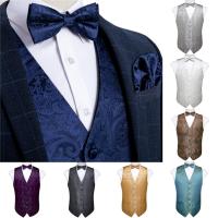 Mens Vest Navy Blue Paisley Silk Wedding Vest For Men Bowtie Hanky Cufflink Cravat Set for Suit Tuxedo DiBanGu New Designer