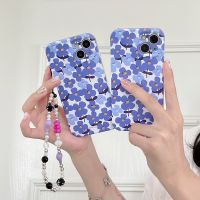 Suitable For 2-in-1 Girls gift wrinkle phone case iphone 12 pro max 13Pro 11ProMax Fashion blue purple flowers pattern Soft Case for iPhone 13 14 Pro Max Anti Drop TPU Cover with bracelet