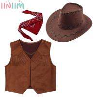 Kids Boys Girls Western Cowboy Fringe Sleeveless Vest with Bandanna Hat Cowgirls Fancy Dress Up Halloween Cosplay Party Costume