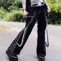 Gothic Baggy Black Jean ผู้หญิง Streetwear Aesthetic Lace Up Patchwork Punk Grunge Denim กางเกงแฟชั่นตรง Pants