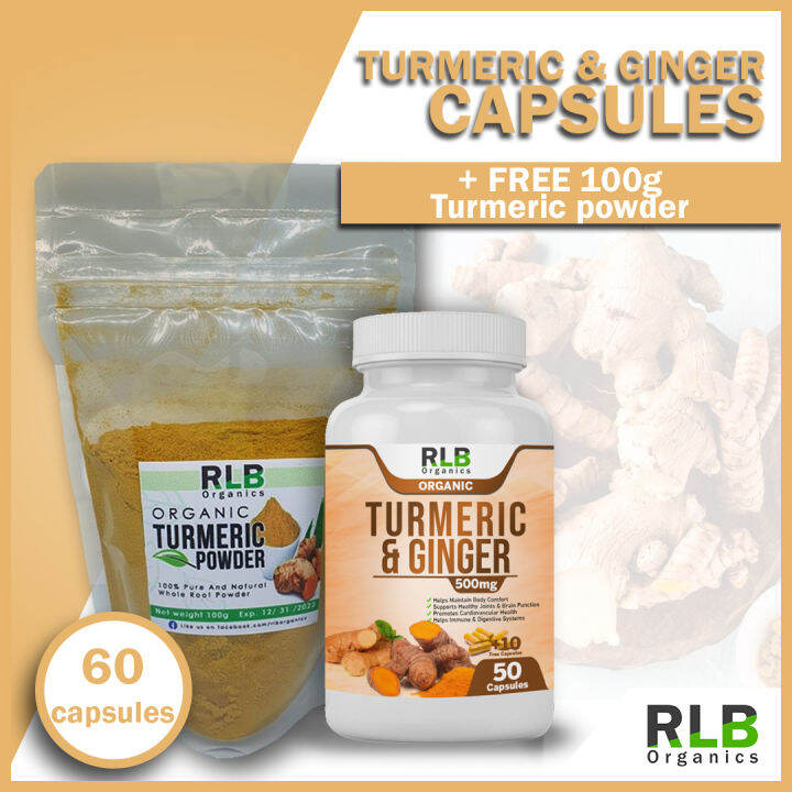 Pure Organic Natural Turmeric & Ginger Capsules (60 Capsules) + FREE 100 grams Turmeric Powder