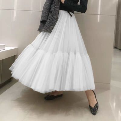 ‘；’ Runway Luxury Soft Tulle Skirt Hand-Made Maxi Long Pleated Skirts Womens Vintage Petticoat Voile Jupes Falda