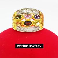 Inspire Jewelry ,แหวนพลอยนพเก้าฝังเพชรข้าง หน้ากว้าง 1.5x1.5cm งานปราณีต ตัวเรือน หุ้มทองแท้ 100% 24K สวยหรู พร้อมกล่องกำมะหยี่ สำหรับการแต่งกายชุดไทย ชุดประจำชาติ บุพเพสันนิวาส การะเกตุ ชุดที่ต้องการความหรูหรา ดูมีเสน่ห์ แสดงความเป็นไทย งานอนุรักษ์ไทย