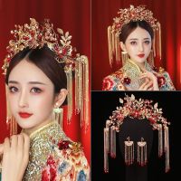 [COD] Xiuhe headdress bride wedding air flow Su step shaking hair comb suit Chinese style phoenix crown ancient costume red female