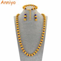 Anniyo 77cm Beads Necklace and 23cm Ball Bracelets Earrings for Women African Gold Color Rosary Beads Jewelry Party sets #124806