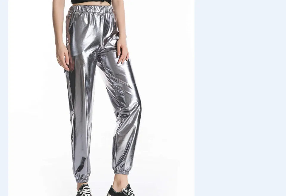 Zaxicht Womens Metallic Shiny Jogger Pants, Casual High Waisted