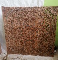 Natural Brown Color Mandala Wood Carving Panel 36 x 36 inches Wooden Carved Plaque Lotus Wooden Panel Wall Art Decor Square Craft Panel Asian Art ไม้ฉลุไม้แกะสลัก 3 ฟุต 36 x 36 inches