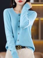 Spring and Autumn Crewneck Womens Knitted Cardigan Coat Womens Solid Color 2023 New Style Outer Wear Long Sleeve Sweater Outer Wear Base Shirt 2023