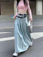 【CC】 Onalippa Street Belts Pleated Denim Skirts A Big Hem Floor Length Korean Fashion Clothing