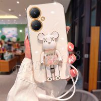 สำหรับ VIVOY78 VIVOY27 VIVOY02T VIVO Y27 Y02T 5G 4G เคสนิ่มชุบเคสสมาร์ทโฟนพร้อมที่วางหมีน่ารักที่เคสครอบโทรศัพท์สายเชือกคล้องมือ