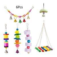 6ชิ้น/เซ็ต Parrot Perched Swing Bell ของเล่นแขวนบล็อกไม้ String Birds Afri