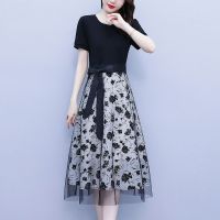 ✳▨⊕ short sleeve splicing false two pieces of gauze dress female summer 2023 new temperament waist belt