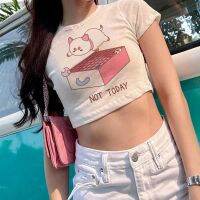 Puppycat วินเทจโกธ90S เสื้อเอวลอยหญิงน่ารัก MODE Korea เสื้อยืดเสื้อยืดคาวาอิยุค90