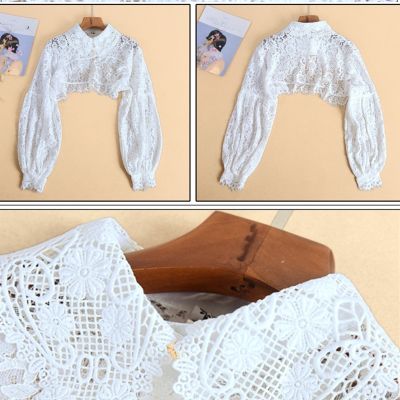 Women Puff Long Sleeve Lapel Half Top Blouse Hollow Out Eyelash Floral Lace Detachable False Fake Collar Dickey Necklace