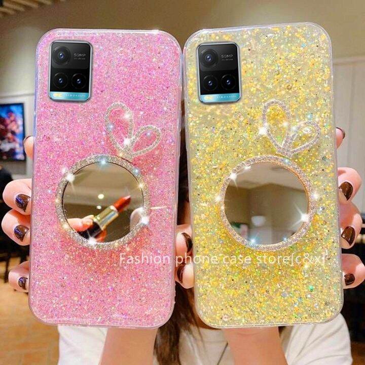 new-เคส-vivo-y21-y21s-y33s-v21e-v21-5g-เคสโทรศัพท-sequins-candy-colors-phone-case-with-makeup-mirror-glitter-soft-back-cover-2021