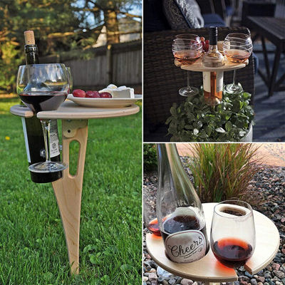 Foldable Outdoor Wine Table Portable Desktop Round Desktop Mini Wooden Picnic Table Easy Carry Wine Rack Support Dropshipping
