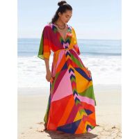 2022 Bohemian Print Half Sleeve High Waist Self Belted Maxi Dress Tunic Women Summer Clothes Beach Wear Swim Suit Cover Up Q1461