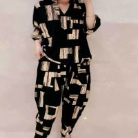 Womens Suit  Summer New Korean Version Loose Print Tops Harem Pants Two Sets Matching Trendy Plus Size Clothing For Women