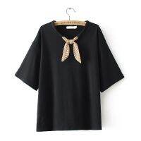 HOT”【มีไซส์ใหญ่】Plus Size Womens Short Sleeve Casual White Black Summer T-shirts with Bow Tie Casual A-line Female Tops