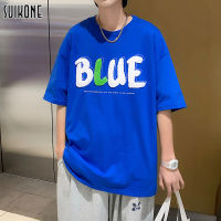 Suikone เสื้อยืดคอกลมแขนสั้น ผ้าเช็ดตัวผู้ชายแขนสั้นพิมพ์ลายตัวอักษรปัก เสื้อลำลองแบรนด์ญี่ปุ่นแฟชั่นหลวม