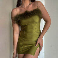 YOZOU 2022 Y2k Summer Green Slip Mini Dress Feather Fuzzy y Club Party Sundress Split Euphoria Maddy Aesthetic Outfits