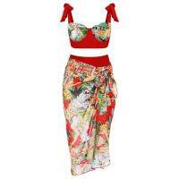 Fashion Colorblock Print Swimsuit Set French Crew Neck Slim Bikini High Waist Sexy Backless Swimwear and Beach Skirt Sexy Vacation Bikinis With Bow Ties