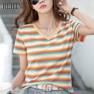 REHIN เสื้อยืดแขนลำลองขาสั้นคอวีหลากสีสำหรับผู้หญิง,เสื้อแฟชั่นสไตล์เกาหลีแบบใหม่คอวีสำหรับฤดูร้อน