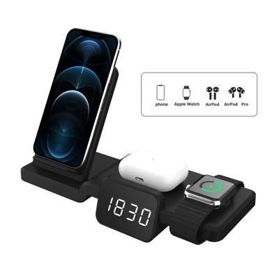 4 in 1 Wireless Charger Fast Charging Station 15W Stand with clock time display for iPhone 14 13 AirPods iWatch Xiaomi Samsung