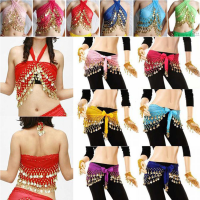 ชีฟอง Belly Dance เต้นรำแบบอินเดีย Hip ผ้าพันคอ 3 แถวเหรียญกระโปรงมีเข็มขัด