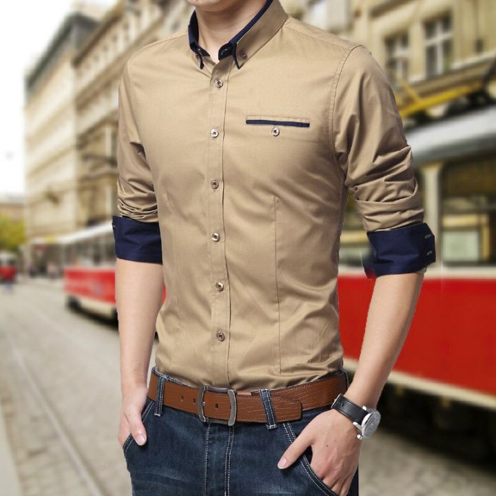 hot11-2023มาใหม่ล่าสุดผู้ชายสบายๆธุรกิจเสื้อแขนยาวสไตล์เกาหลีสีทึบ-cotton-mens-เสื้อเปิดลงปกเสื้อสำหรับผู้ชาย