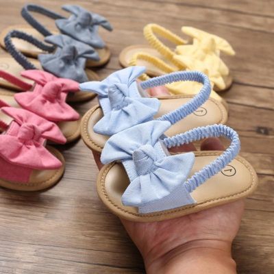 COD DSFGERERERER COD Ready Stock Fashion Summer Baby Kids Girls Shoes Non-Slip Canvas Bowknot Toddlers Newborn Infantil Sandals For 0-18 Months