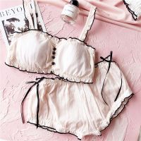 《Petty bourgeoisie life》 Wriufred Cotton Tube Top Underwear Set Girl Wire Free Home Pajamas Nightwear Sweet Cute Bra Set Women Lingerie Mid Waist Panties