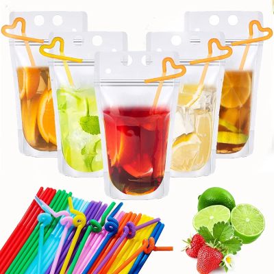 50 Pcs Drink Pouches Juice Bags Reusable Party Cocktail Smoothies Summer Drink Straws 50 Pcs