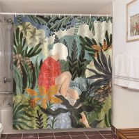 Green Foliage Bathroom Set With Shower Curtains White Hair Woman Art Printed Shower Curtain Waterproof Polyester Bath Screen