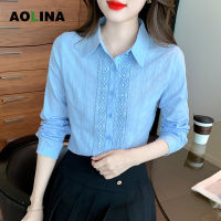 AOLINA เลกกิ้งทรงหลวมสำหรับผู้หญิง,สีขาวเสื้อเชิ้ตแขนยาวผ้าคอตตอนแบบเย็บติดลูกไม้สำหรับฤดูใบไม้ผลิและฤดูใบไม้ร่วง