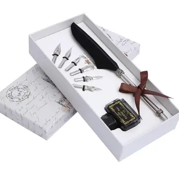 1 set Antique Feather Dip Pen Quill Pen English Calligraphy Writing Ink Set  with 5 Nib Wedding Gift