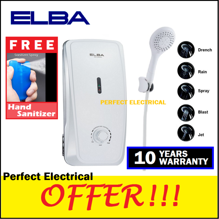 Elba Instant Shower Water Heater EWHG3660(SW) Non Pump with ELCB Safety Device EWHG3660 White
