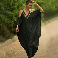 Elegant Black Kaftan Beach Tunic Cover up Saida de Praia Swimsuit Women Bikini cover Pareo Sarong Beachwear Q9