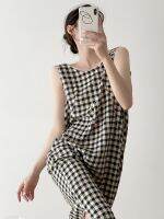 【HOT】 2023 celebrity sleeveless dress womens summer new plaid back drawstring slit open loose mid-length