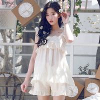 Pajamas womens summer solid color thin sexy suspender shorts two-piece sleeveless vest cute home service Lace white pyjamas