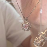 ✜○ Korean Fashion Vintage Hollow Pink Crystal Heart Pendant Silver Color Chain Neck Necklace For Women Wedding Aesthetic Jewelry