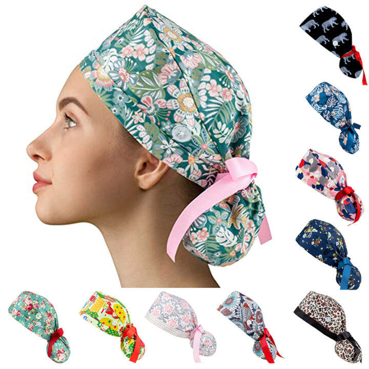 xinyi3-unisex-หมวกทำงานพยาบาล-multi-purpose-ribbon-tie-ปุ่มหมวกสีพิมพ์ปรับ-love-medical-แฟชั่นผม-hat