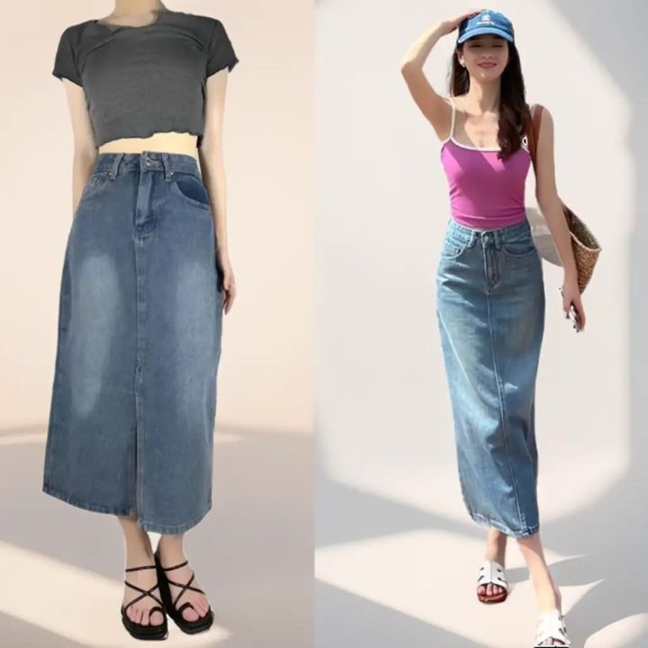 Y2K 90s Retro Maxi Denim Skirt Vintage Wash Maong Jeans Korean Style ...