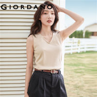 Giordano ผู้หญิง เสื้อยืดคอวีแขนกุดผ้าถักสีทึบ Free Shipping 13322210