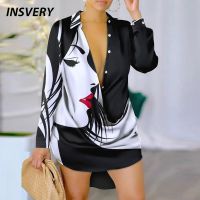 【CW】❐  Sleeve Looss Shirt Boho Turn Down Collar Print Dresses 2023