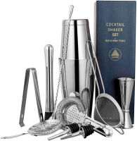 Aloono 11-piece Cocktail Shaker Bar Set: 2 Weighted Boston Shakers, Cocktail Strainer Set, Double Jigger, Cocktail Muddler and Spoon, Ice Tong and 2 Liquor Pourers - Essential Mixology Bartender Kit Silver-11 piece