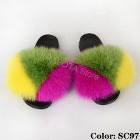 Fur Flip Flops Women Fluffy Slippers House Raccoon Fur Slides Ladies Sandals With Fur Female Home Shoes Summer Slippers Indoor