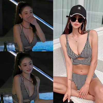 【เสื้อผ้าแนวเดียวกันของดารา】เกาหลี Song Ji Ah houndstooth cross-strap ชุดว่ายน้ำบิกินี่เซ็กซี่